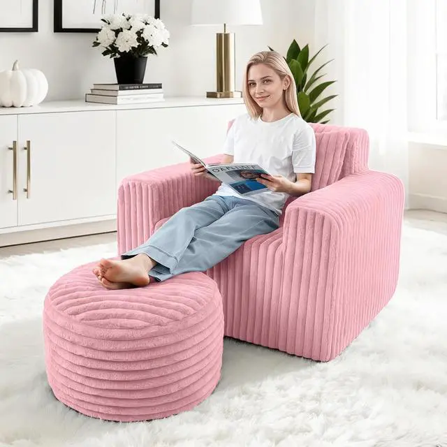 Alt view image 3 of 7 - Bean Bag Chair for Adults with Pillow, Giant Bean Bag Chairs with Ottoman, Comfy Dorm Chair with High Backrest & Wider Armrest, Lounger Chair Indoor for Bedroom Living Room(Pink)