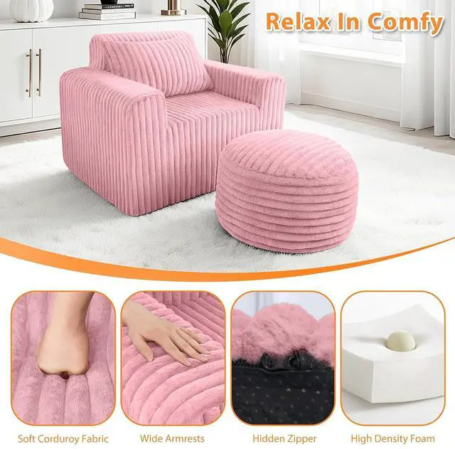 Alt view image 4 of 7 - Bean Bag Chair for Adults with Pillow, Giant Bean Bag Chairs with Ottoman, Comfy Dorm Chair with High Backrest & Wider Armrest, Lounger Chair Indoor for Bedroom Living Room(Pink)