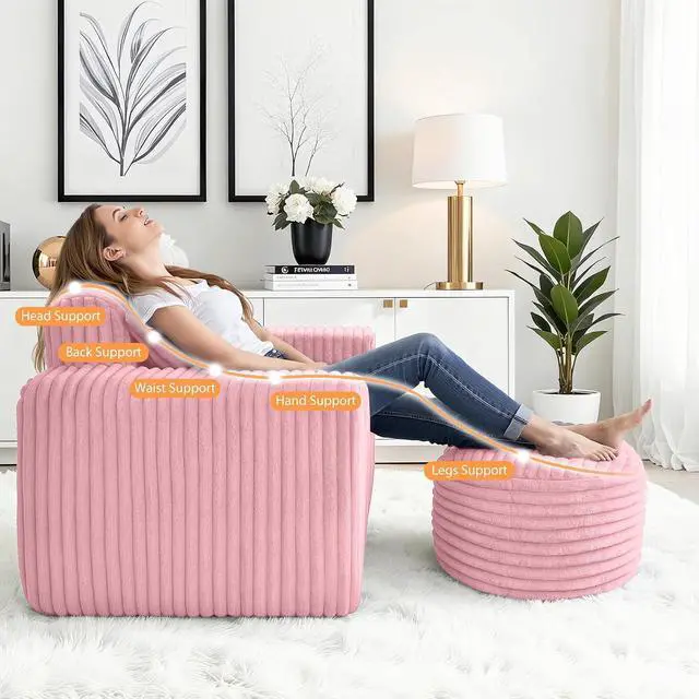 Alt view image 5 of 7 - Bean Bag Chair for Adults with Pillow, Giant Bean Bag Chairs with Ottoman, Comfy Dorm Chair with High Backrest & Wider Armrest, Lounger Chair Indoor for Bedroom Living Room(Pink)