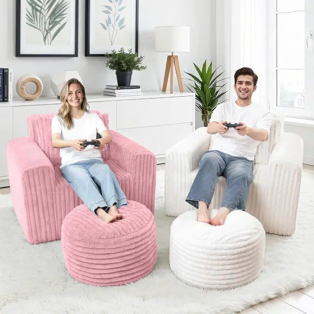 Alt view image 7 of 7 - Bean Bag Chair for Adults with Pillow, Giant Bean Bag Chairs with Ottoman, Comfy Dorm Chair with High Backrest & Wider Armrest, Lounger Chair Indoor for Bedroom Living Room(Pink)