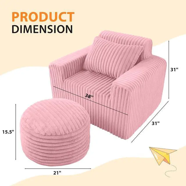 Alt view image 2 of 7 - Bean Bag Chair for Adults with Pillow, Giant Bean Bag Chairs with Ottoman, Comfy Dorm Chair with High Backrest & Wider Armrest, Lounger Chair Indoor for Bedroom Living Room(Pink)