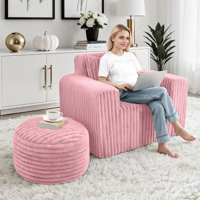 Alt view image 6 of 7 - Bean Bag Chair for Adults with Pillow, Giant Bean Bag Chairs with Ottoman, Comfy Dorm Chair with High Backrest & Wider Armrest, Lounger Chair Indoor for Bedroom Living Room(Pink)