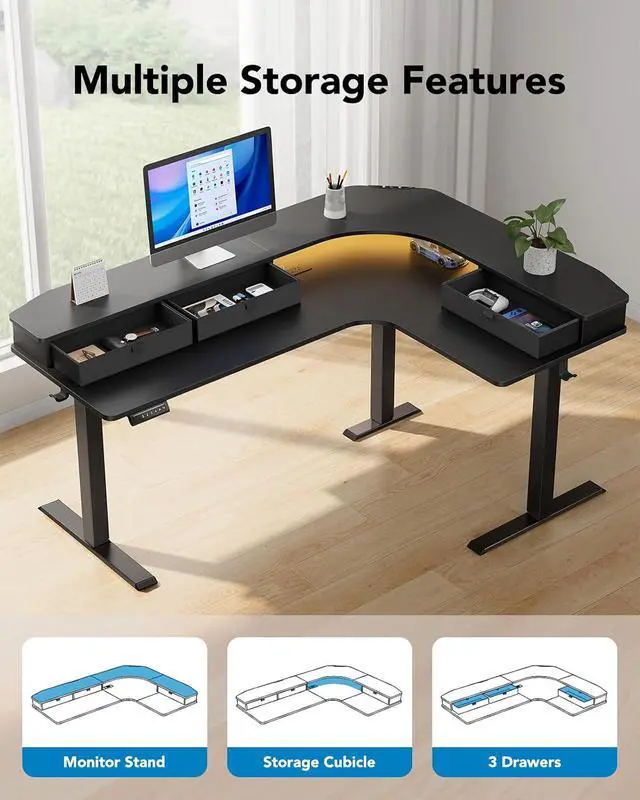 Alt view image 7 of 7 - 65 L-Shaped Standing Desk with Power Outlets & LED Strip, Electric Height Adjustable Corner Computer Desk, Sit Stand Up Desk with 3 Drawers, Black
