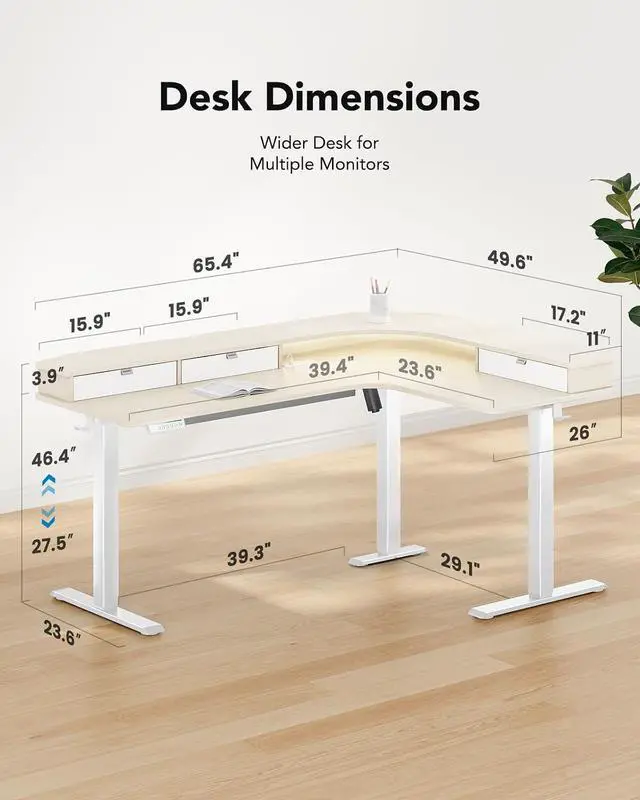 Alt view image 2 of 7 - 65 L-Shaped Standing Desk with Power Outlets & LED Strip, Electric Height Adjustable Corner Computer Desk, Sit Stand Up Desk with 3 Drawers, Natural Wood