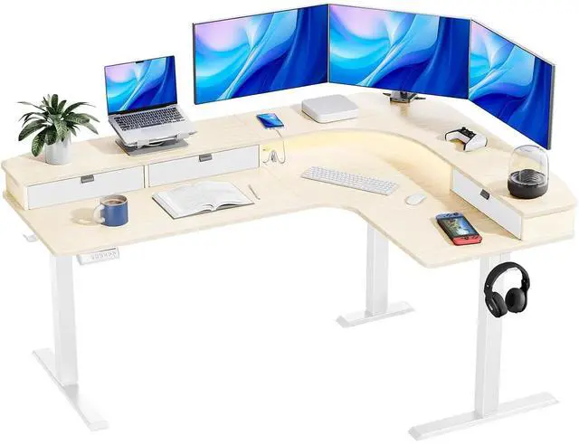 Main image of 65 L-Shaped Standing Desk with Power Outlets & LED Strip, Electric Height Adjustable Corner Computer Desk, Sit Stand Up Desk with 3 Drawers, Natural Wood