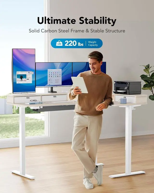 Alt view image 3 of 7 - 65 L-Shaped Standing Desk with Power Outlets & LED Strip, Electric Height Adjustable Corner Computer Desk, Sit Stand Up Desk with 3 Drawers, Natural Wood