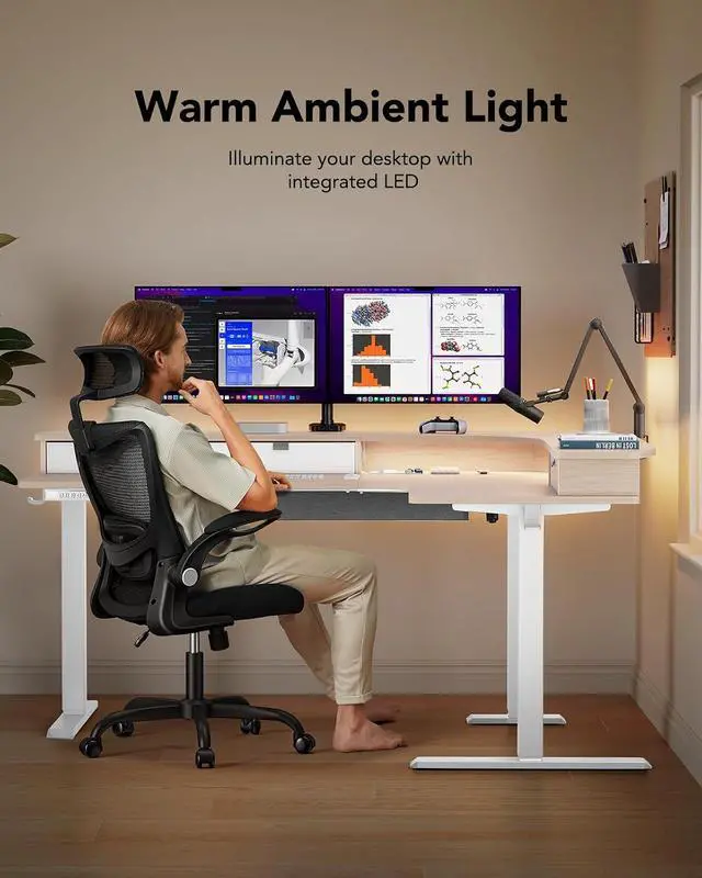 Alt view image 7 of 7 - 65 L-Shaped Standing Desk with Power Outlets & LED Strip, Electric Height Adjustable Corner Computer Desk, Sit Stand Up Desk with 3 Drawers, Natural Wood