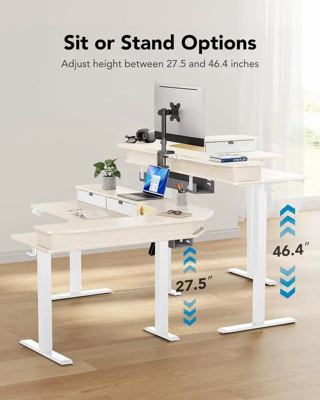 Alt view image 4 of 7 - 65 L-Shaped Standing Desk with Power Outlets & LED Strip, Electric Height Adjustable Corner Computer Desk, Sit Stand Up Desk with 3 Drawers, Natural Wood
