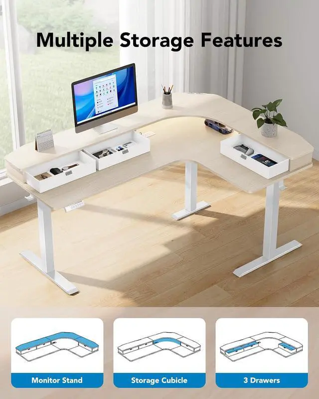 Alt view image 5 of 7 - 65 L-Shaped Standing Desk with Power Outlets & LED Strip, Electric Height Adjustable Corner Computer Desk, Sit Stand Up Desk with 3 Drawers, Natural Wood