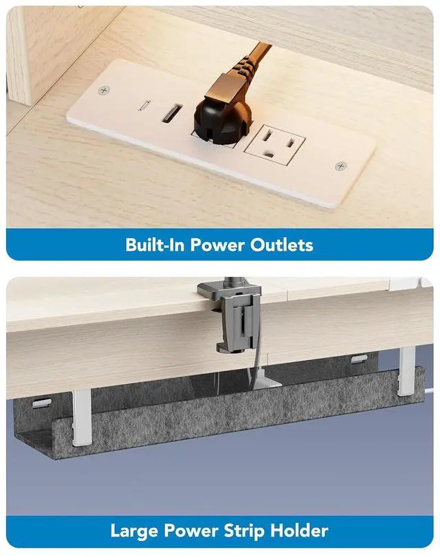 Alt view image 6 of 7 - 65 L-Shaped Standing Desk with Power Outlets & LED Strip, Electric Height Adjustable Corner Computer Desk, Sit Stand Up Desk with 3 Drawers, Natural Wood