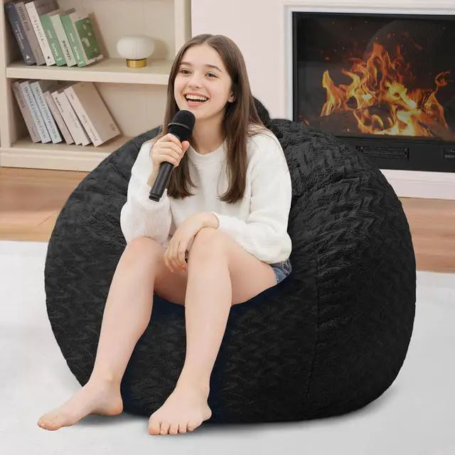 Alt view image 7 of 7 - 2FT Bean Bag Chair,Giant Bean Bag Chairs for Adults,Big Bean Bags with Memory Foam Filled, Large Beanbag Chairs with Chevron Plush Cover-Black