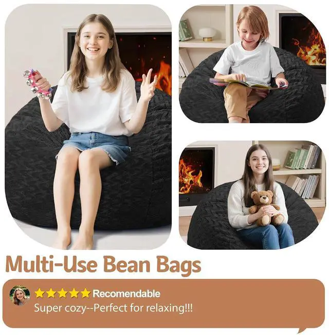 Alt view image 6 of 7 - 2FT Bean Bag Chair,Giant Bean Bag Chairs for Adults,Big Bean Bags with Memory Foam Filled, Large Beanbag Chairs with Chevron Plush Cover-Black