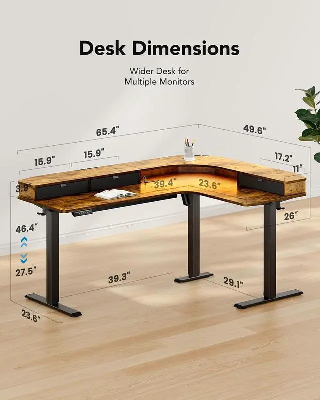Alt view image 2 of 7 - 65 L-Shaped Standing Desk with 3 Drawers, Vintage Brown | Built-in Power Outlets, LED Strip, Smooth Electric Height Adjustment, 4 Memory Presets, 220 lbs Capacity, Power Strip Holder