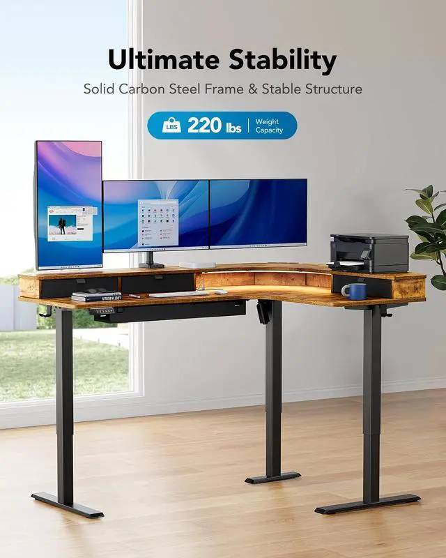 Alt view image 3 of 7 - 65 L-Shaped Standing Desk with 3 Drawers, Vintage Brown | Built-in Power Outlets, LED Strip, Smooth Electric Height Adjustment, 4 Memory Presets, 220 lbs Capacity, Power Strip Holder