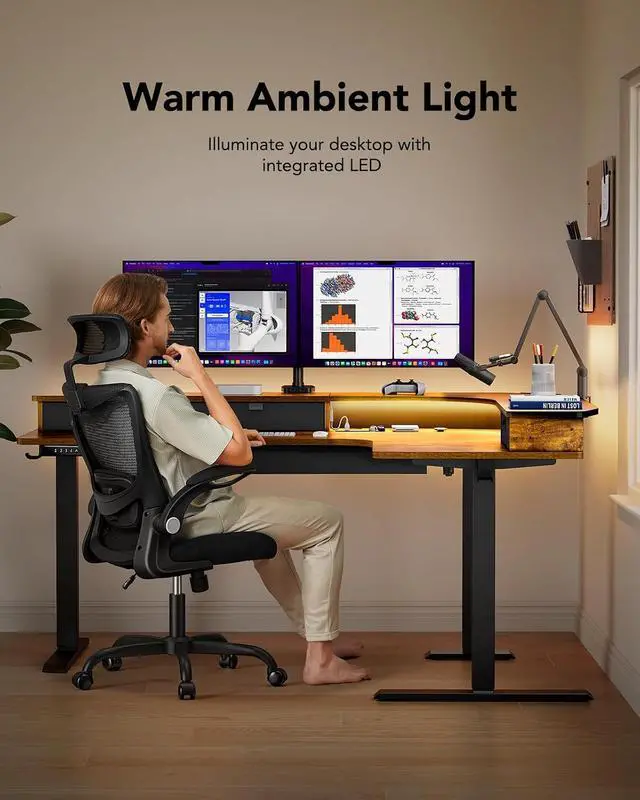 Alt view image 5 of 7 - 65 L-Shaped Standing Desk with 3 Drawers, Vintage Brown | Built-in Power Outlets, LED Strip, Smooth Electric Height Adjustment, 4 Memory Presets, 220 lbs Capacity, Power Strip Holder