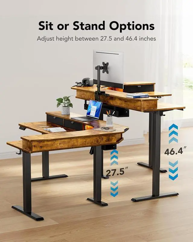 Alt view image 4 of 7 - 65 L-Shaped Standing Desk with 3 Drawers, Vintage Brown | Built-in Power Outlets, LED Strip, Smooth Electric Height Adjustment, 4 Memory Presets, 220 lbs Capacity, Power Strip Holder