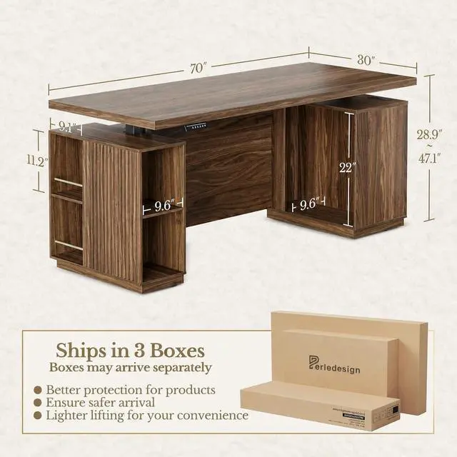 Alt view image 2 of 7 - 70" Standing Desk with Storage, Executive Electric Height Adjustable Stand Up Desk with AC/USB, Privacy Panel, Large One-Piece Destop, Fluted Computer Desk, Black Walnut