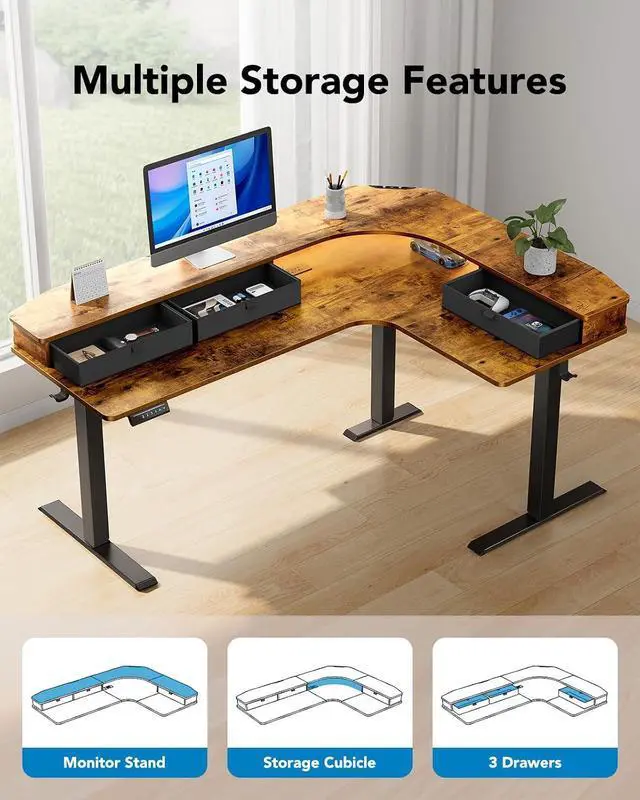 Alt view image 6 of 7 - 65 L-Shaped Standing Desk with 3 Drawers, Vintage Brown | Built-in Power Outlets, LED Strip, Smooth Electric Height Adjustment, 4 Memory Presets, 220 lbs Capacity, Power Strip Holder