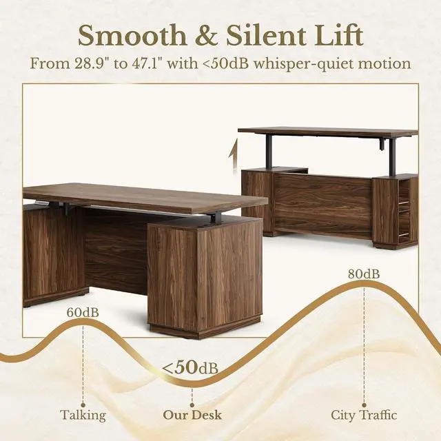 Alt view image 3 of 7 - 70" Standing Desk with Storage, Executive Electric Height Adjustable Stand Up Desk with AC/USB, Privacy Panel, Large One-Piece Destop, Fluted Computer Desk, Black Walnut
