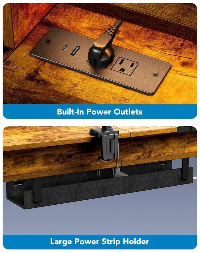 Alt view image 7 of 7 - 65 L-Shaped Standing Desk with 3 Drawers, Vintage Brown | Built-in Power Outlets, LED Strip, Smooth Electric Height Adjustment, 4 Memory Presets, 220 lbs Capacity, Power Strip Holder