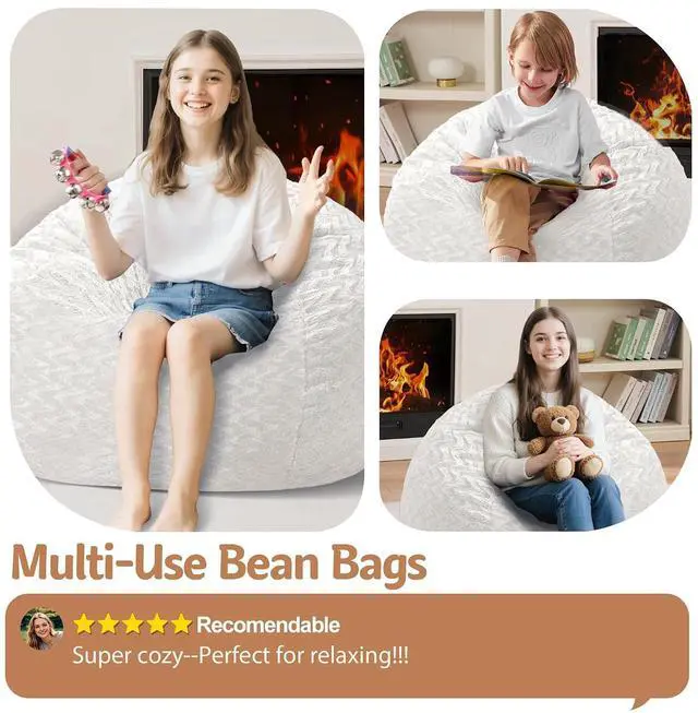 Alt view image 6 of 7 - 2FT Bean Bag Chair,Giant Bean Bag Chairs for Adults,Big Bean Bags with Memory Foam Filled, Large Beanbag Chairs with Chevron Plush Cover-White