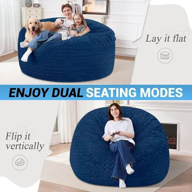 Alt view image 3 of 7 - 5FT Bean Bag Chair,Giant Bean Bag Chairs for Adults,Big Bean Bags with Memory Foam Filled, Large Beanbag Chairs with Chevron Plush Cover-Blue