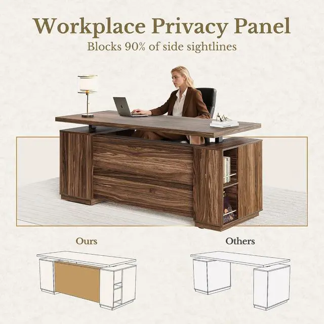Alt view image 6 of 7 - 70" Standing Desk with Storage, Executive Electric Height Adjustable Stand Up Desk with AC/USB, Privacy Panel, Large One-Piece Destop, Fluted Computer Desk, Black Walnut