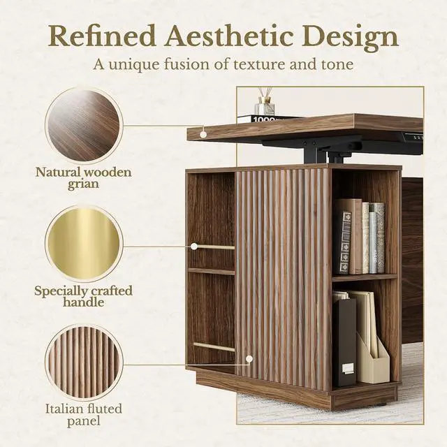 Alt view image 7 of 7 - 70" Standing Desk with Storage, Executive Electric Height Adjustable Stand Up Desk with AC/USB, Privacy Panel, Large One-Piece Destop, Fluted Computer Desk, Black Walnut