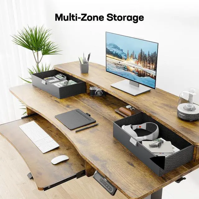 Alt view image 4 of 7 - 55" x 26" Electric Standing Desk with 2 Drawers & 26.7" Large Keyboard Tray, C-Clamp Mount Compatible, Adjustable Computer Desk for Home Office, Stand Up Desk with 4 Height Presets, Vintage