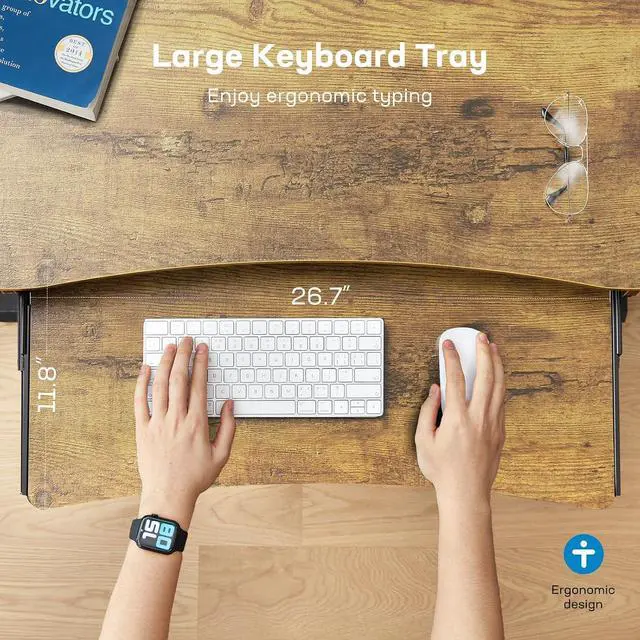 Alt view image 3 of 7 - 55" x 26" Electric Standing Desk with 2 Drawers & 26.7" Large Keyboard Tray, C-Clamp Mount Compatible, Adjustable Computer Desk for Home Office, Stand Up Desk with 4 Height Presets, Vintage