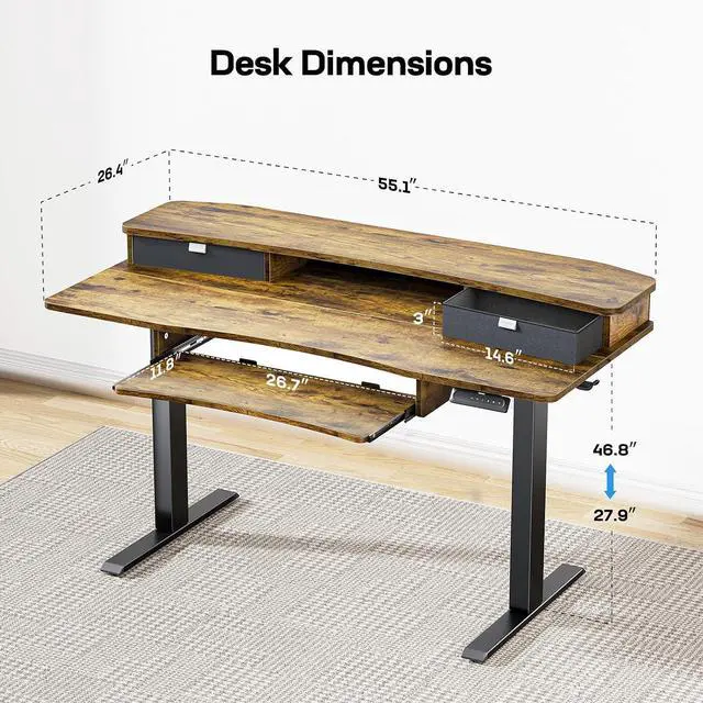 Alt view image 6 of 7 - 55" x 26" Electric Standing Desk with 2 Drawers & 26.7" Large Keyboard Tray, C-Clamp Mount Compatible, Adjustable Computer Desk for Home Office, Stand Up Desk with 4 Height Presets, Vintage