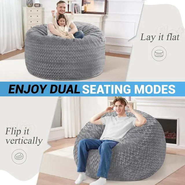 Alt view image 3 of 7 - 4FT Bean Bag Chair,Giant Bean Bag Chairs for Adults,Big Bean Bags with Memory Foam Filled, Large Beanbag Chairs with Chevron Plush Cover-Grey