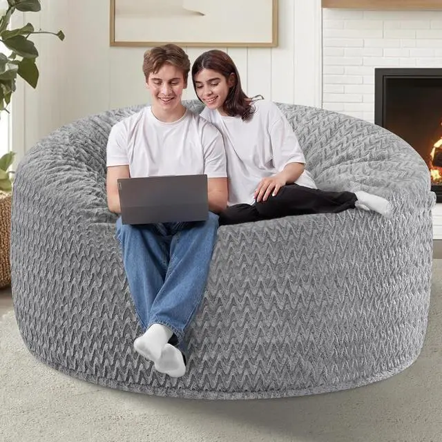 Alt view image 6 of 7 - 4FT Bean Bag Chair,Giant Bean Bag Chairs for Adults,Big Bean Bags with Memory Foam Filled, Large Beanbag Chairs with Chevron Plush Cover-Grey