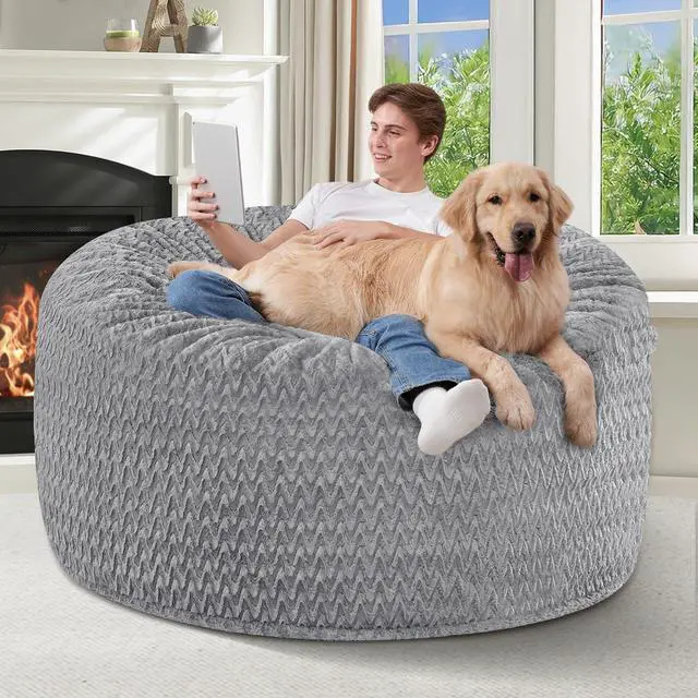 Alt view image 5 of 7 - 4FT Bean Bag Chair,Giant Bean Bag Chairs for Adults,Big Bean Bags with Memory Foam Filled, Large Beanbag Chairs with Chevron Plush Cover-Grey