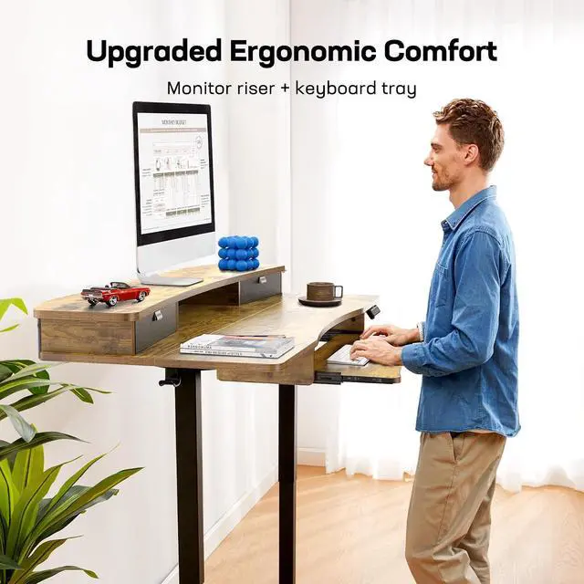 Alt view image 4 of 7 - 48" x 26" Electric Standing Desk with 2 Drawers & 26.7" Large Keyboard Tray, C-Clamp Mount Compatible, Adjustable Computer Desk for Home Office, Stand Up Desk with 4 Height Presets, Vintage