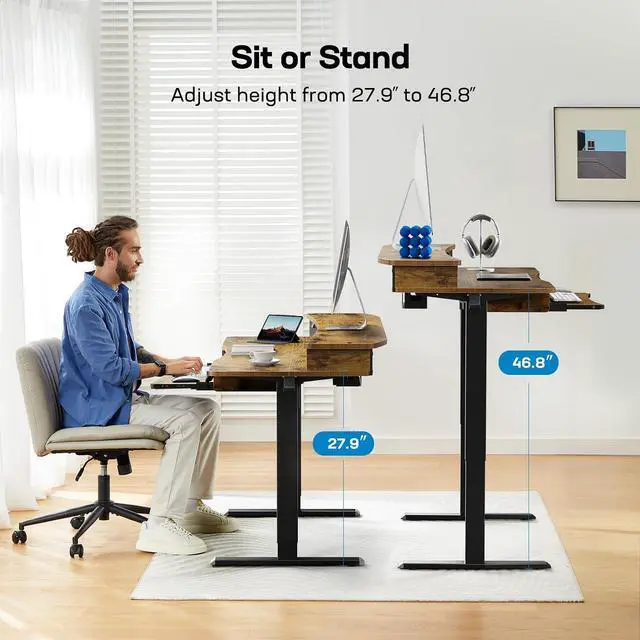 Alt view image 7 of 7 - 48" x 26" Electric Standing Desk with 2 Drawers & 26.7" Large Keyboard Tray, C-Clamp Mount Compatible, Adjustable Computer Desk for Home Office, Stand Up Desk with 4 Height Presets, Vintage
