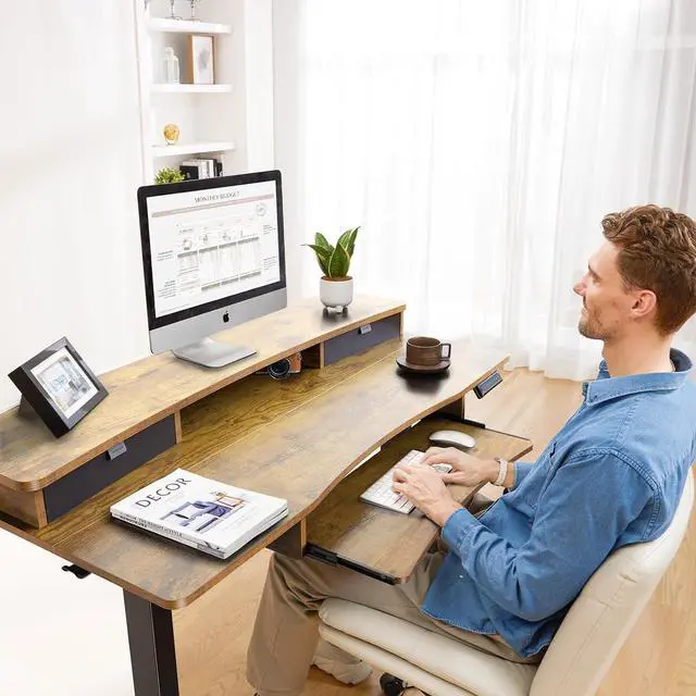 Alt view image 2 of 7 - 48" x 26" Electric Standing Desk with 2 Drawers & 26.7" Large Keyboard Tray, C-Clamp Mount Compatible, Adjustable Computer Desk for Home Office, Stand Up Desk with 4 Height Presets, Vintage