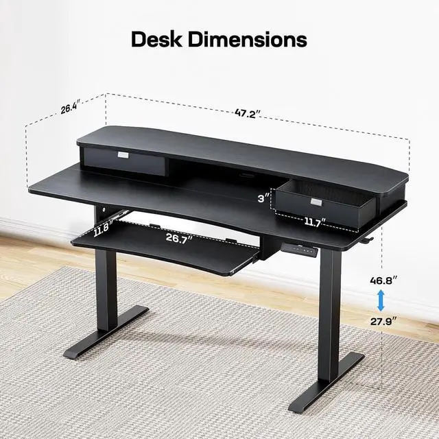 Alt view image 2 of 6 - 48" x 26" Electric Standing Desk with 2 Drawers & 26.7" Large Keyboard Tray, C-Clamp Mount Compatible, Adjustable Computer Desk for Home Office, Stand Up Desk with 4 Height Presets, Black
