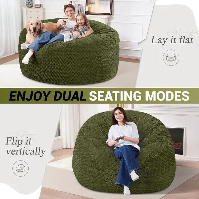 Alt view image 2 of 7 - 5FT Bean Bag Chair,Giant Bean Bag Chairs for Adults,Big Bean Bags with Memory Foam Filled, Large Beanbag Chairs with Chevron Plush Cover-Green