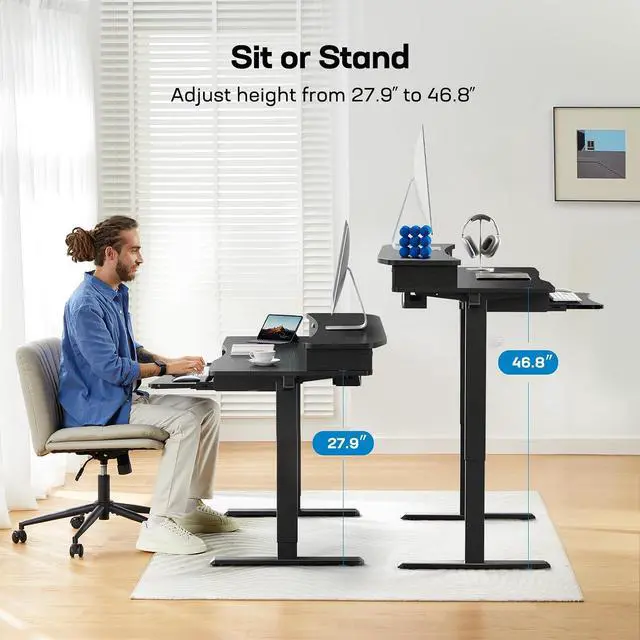 Alt view image 4 of 6 - 48" x 26" Electric Standing Desk with 2 Drawers & 26.7" Large Keyboard Tray, C-Clamp Mount Compatible, Adjustable Computer Desk for Home Office, Stand Up Desk with 4 Height Presets, Black