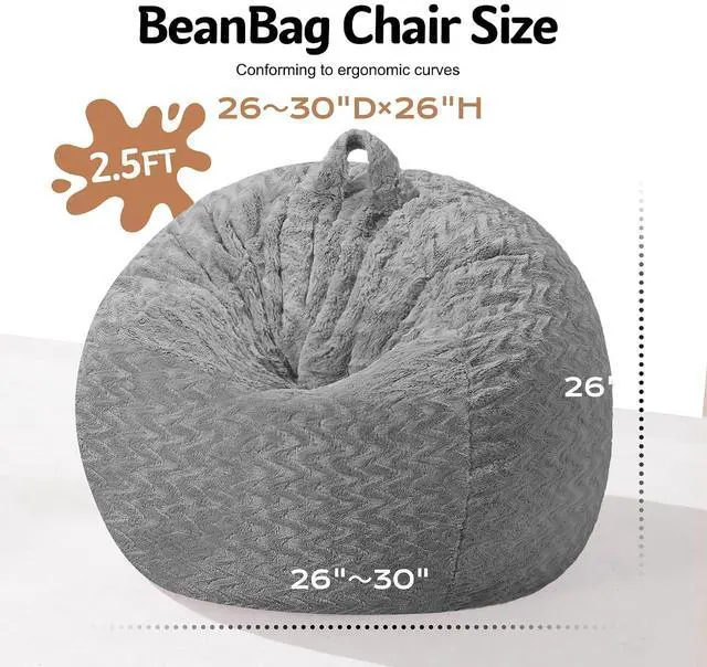 Alt view image 2 of 7 - 2FT Bean Bag Chair,Giant Bean Bag Chairs for Adults,Big Bean Bags with Memory Foam Filled, Large Beanbag Chairs with Chevron Plush Cover-Grey