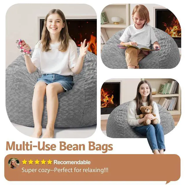 Alt view image 6 of 7 - 2FT Bean Bag Chair,Giant Bean Bag Chairs for Adults,Big Bean Bags with Memory Foam Filled, Large Beanbag Chairs with Chevron Plush Cover-Grey