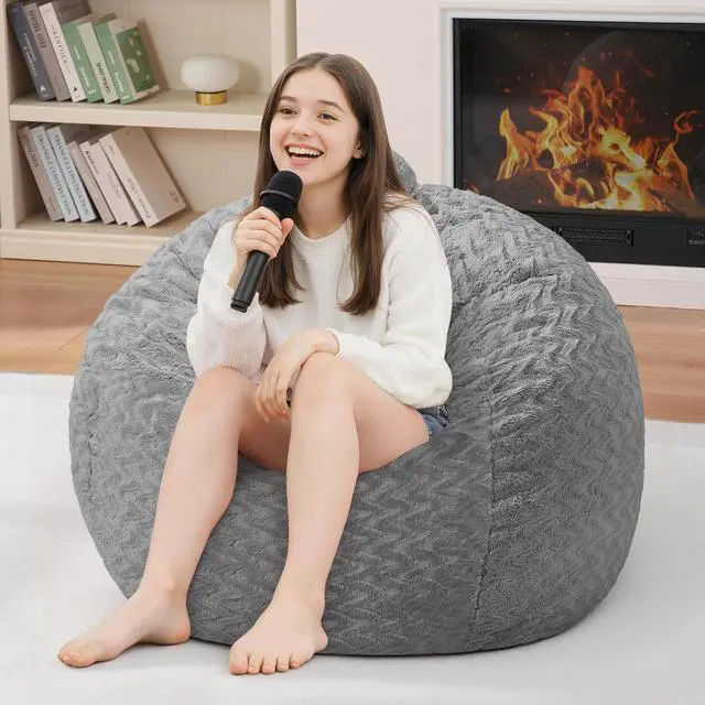 Alt view image 7 of 7 - 2FT Bean Bag Chair,Giant Bean Bag Chairs for Adults,Big Bean Bags with Memory Foam Filled, Large Beanbag Chairs with Chevron Plush Cover-Grey