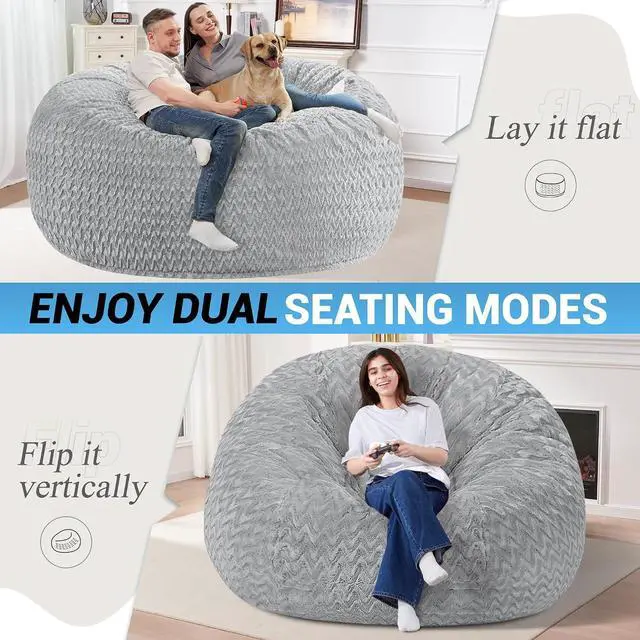 Alt view image 2 of 7 - 6FT Bean Bag Chair,Giant Bean Bag Chairs for Adults,Big Bean Bags with Memory Foam Filled, Large Beanbag Chairs with Chevron Plush Cover-Light Grey