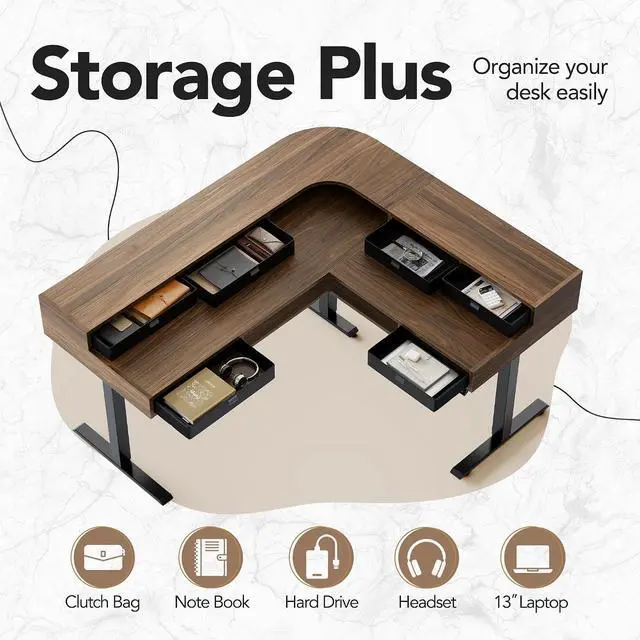 Alt view image 2 of 7 - 65" X 58" Electric L Shaped Standing Desk with 6 Drawers, Walnut | 2-Tier L-Shape Desk,6 Storage Fabric Drawers,220lbs Carbon Steel,4 Memory Presets, 27.6"-46.5" Adjustable Height