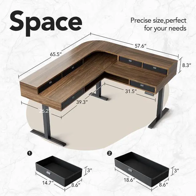 Alt view image 3 of 7 - 65" X 58" Electric L Shaped Standing Desk with 6 Drawers, Walnut | 2-Tier L-Shape Desk,6 Storage Fabric Drawers,220lbs Carbon Steel,4 Memory Presets, 27.6"-46.5" Adjustable Height
