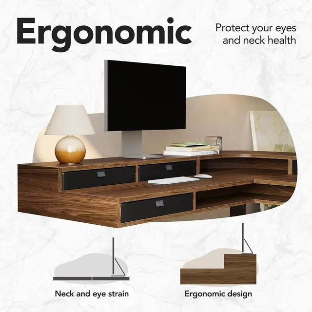 Alt view image 4 of 7 - 65" X 58" Electric L Shaped Standing Desk with 6 Drawers, Walnut | 2-Tier L-Shape Desk,6 Storage Fabric Drawers,220lbs Carbon Steel,4 Memory Presets, 27.6"-46.5" Adjustable Height