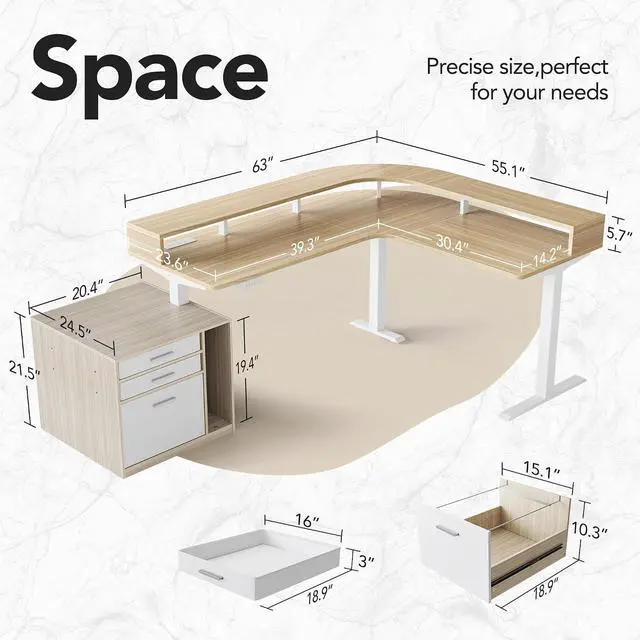 Alt view image 2 of 7 - LED Electric L Shaped Standing Desk with File Cabinet, Light Walnut | 63"x55" 2-Tier L-Desk,3-Drawer File Cabinet,RGB LED App Lighting,Built-in Power Outlets,27.6"-46.5" Adjustable Height