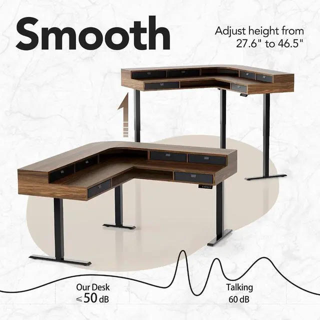 Alt view image 7 of 7 - 65" X 58" Electric L Shaped Standing Desk with 6 Drawers, Walnut | 2-Tier L-Shape Desk,6 Storage Fabric Drawers,220lbs Carbon Steel,4 Memory Presets, 27.6"-46.5" Adjustable Height