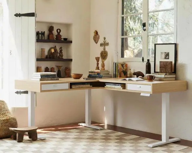 Alt view image 2 of 7 - 63" X 55" Electric L Shaped Standing Desk, 2 Drawers, Light Walnut | L-Shaped Corner Desk,2 Fabric Storage Drawers,4 Quiet Memory Presets,220lbs Carbon Steel, 27.6"-46.5" Adjustable Height